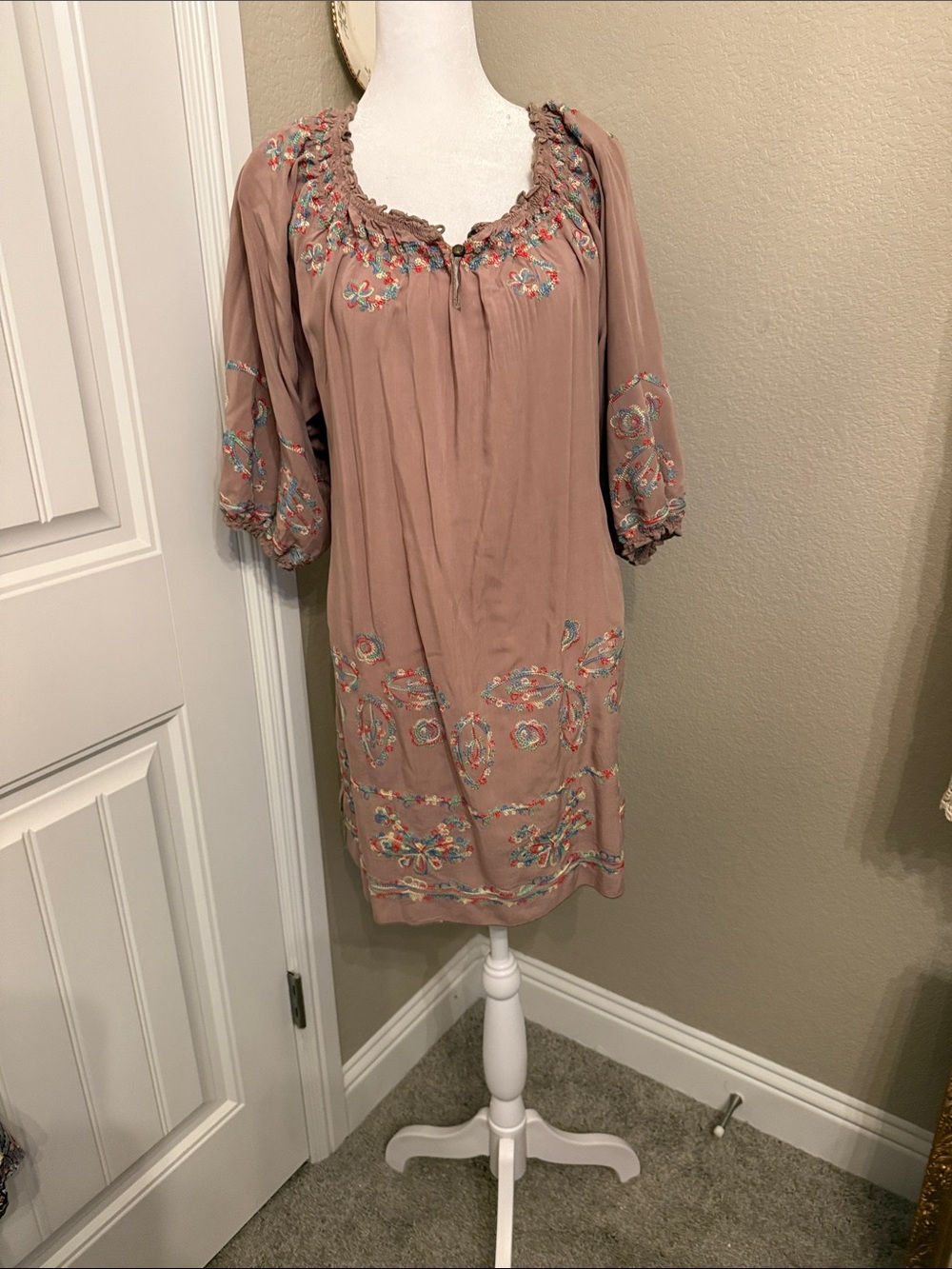 Bohemian Embroidered Midi Dress in Dusty Rose